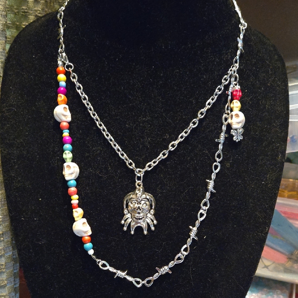 Vibrant Multicolor Beaded Necklace with Silver Skull Pendant